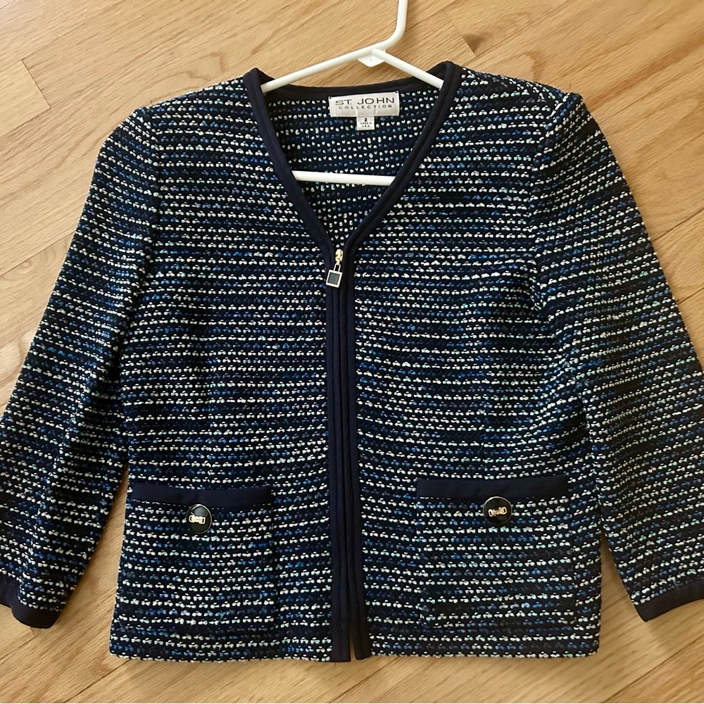 St. John Navy and White Striped Blazer